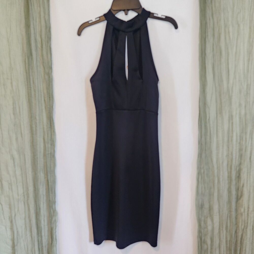 JASMINE Black Soft Fitted Bodcon Halter Cut Out Part Dress Knee Length Size S